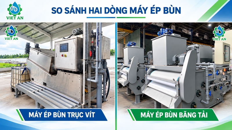 so sánh máy ép bùn trục vít và máy ép bùn băng tải
